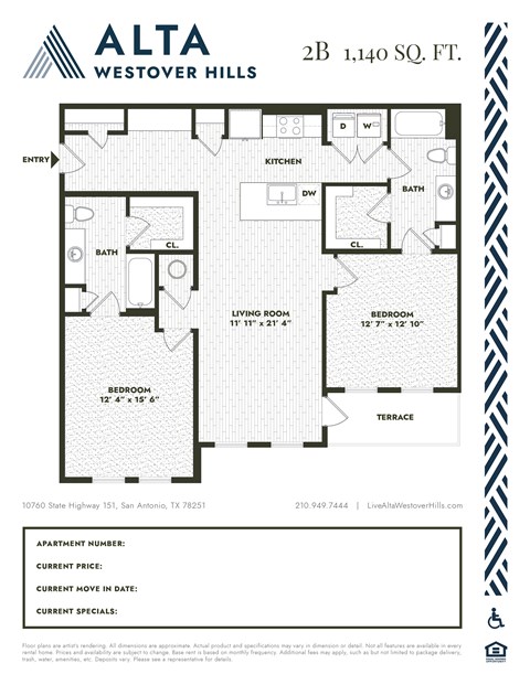 A floor plan for a 2B, 1,140 square foot apartment in Westover Hills.